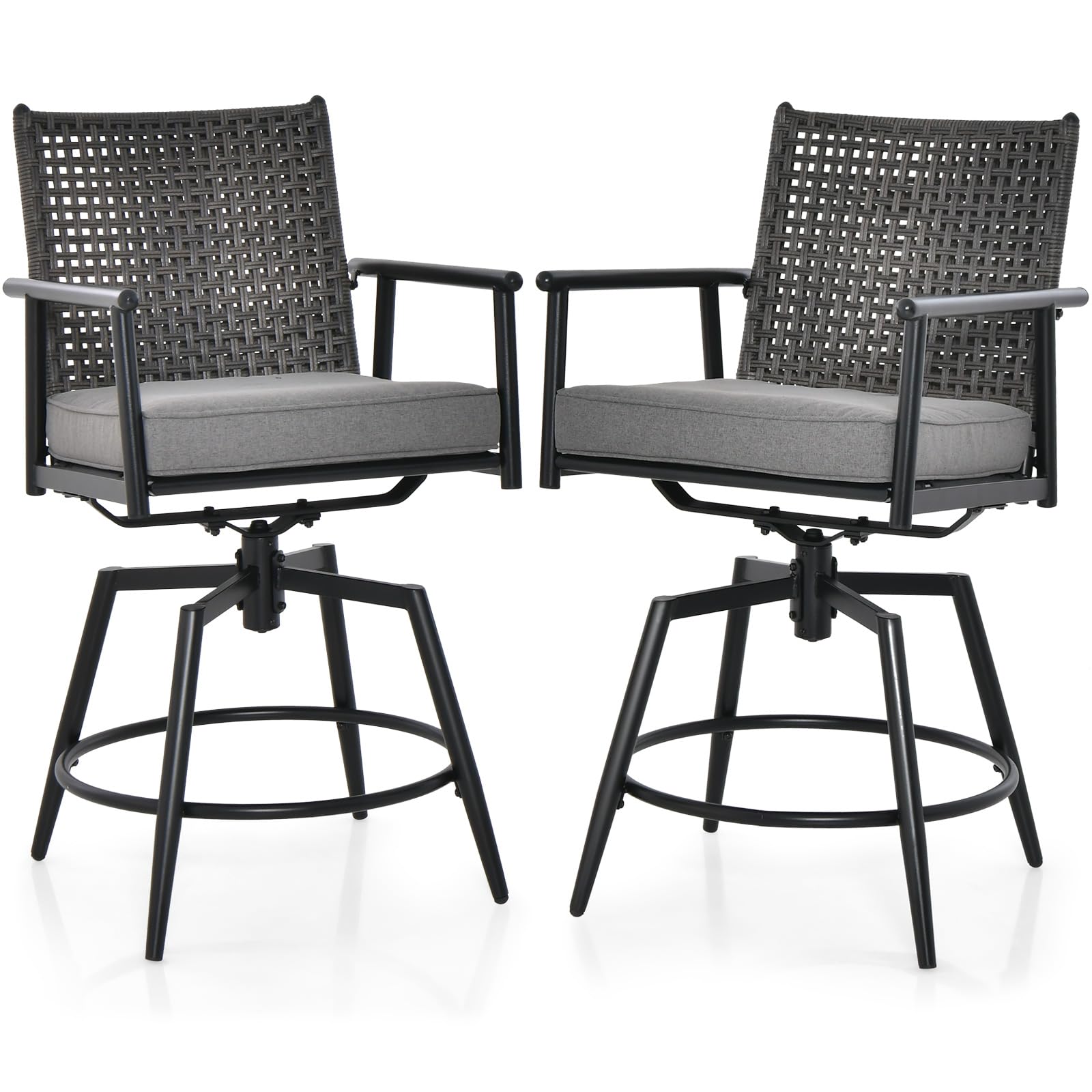 Tangkula Lot de 2 tabourets de bar pivotants pour terrasse, chaises de bar d'extérieur hauteur comptoir avec dossier en rotin synthétique